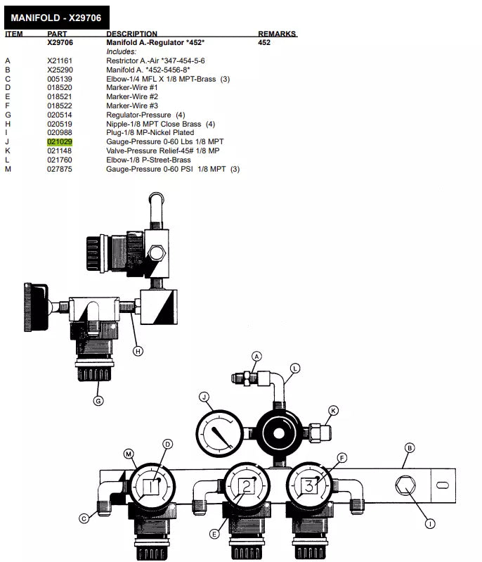 GAUGE-60PSI-1/8MPT FONDO MNT is a pressure regulator gauge, it should be used for the following Manifold models: Manifold A.-Regulator *5456*, 452, 5454/Burger King, 453, 5454, 8657.