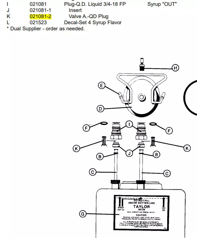 VALVE A QD PLUG for Tink-Syrup-4-8 Qt compatible with the following models: 452, 482, 441-Jack/Box, 62/Rally's, 480, 481, 5454, 5456, 8657,8662, 8663, 8664, 60, H60, PH61, 62, PH90.