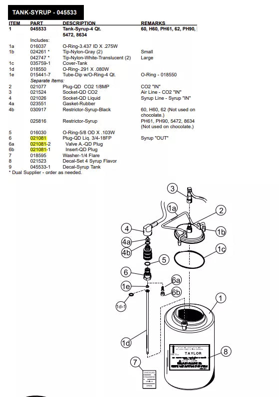 PLUG-Q.D. LIQ. 3/4-18 FP is used to form TANK-SYRUP for the following models: 60, H60, PH61, 62, PH90, 41-Jack/Box, 62/Rally's, 480, 481, 5454, 5456, 8657,8662, 8663, 8664, 482, 452.