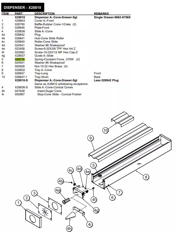 SPRING-CONSTANT FORCE .375W is used to form Dispenser A.-Cone-Drawer-Sgl for the following models: Single Drawer-8662-8756S, Dispenser A.-Cone Double Drawer - 8664.