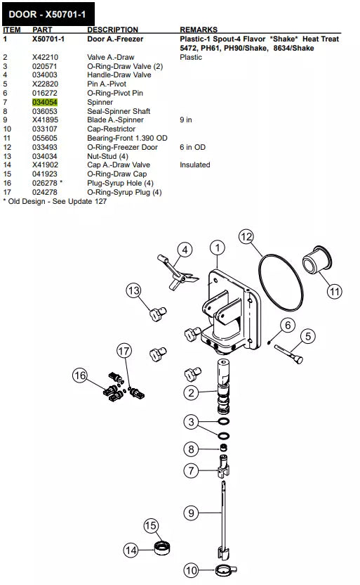 SPINNER joins Blade A.-Spinner and Seal-Spinner Shaft to form Door A.-Freezer for the following models: Plastic-1 Spout-4 Flavor *Shake* Heat Treat 5472, PH61, PH90/Shake, 8634/Shake, PLASTIC -1 SPOUT, PLASTIC -1 SPOUT, Plastic-1 Spout-4 Flavor *Shake* Non Heat Treat 482, 5456, 5461, 8663/Shake .