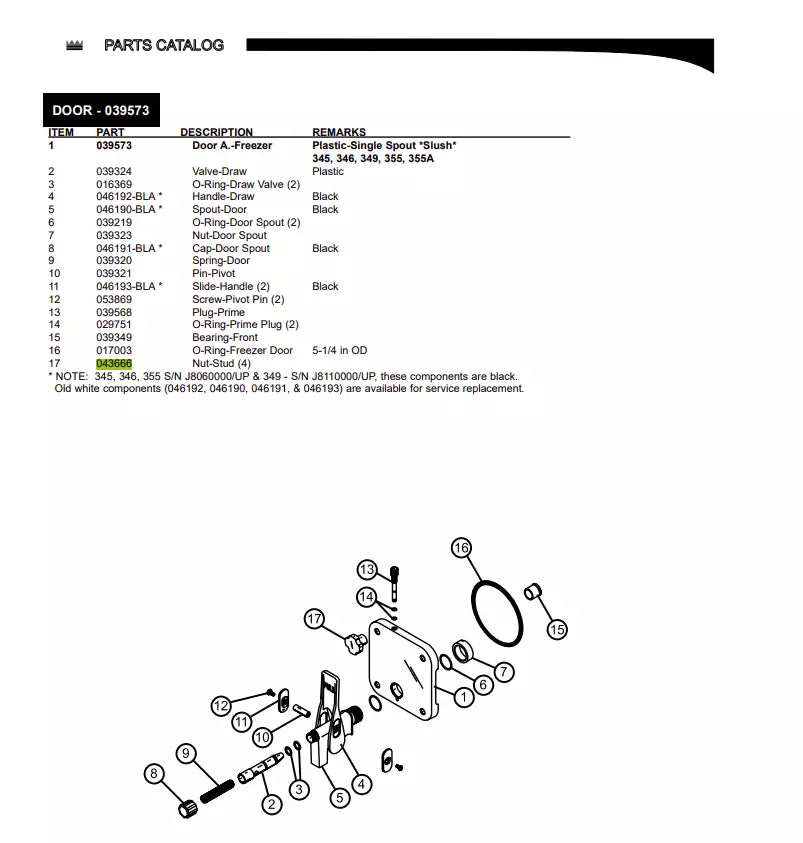 NUT-STUD serves to form Door A.-Freezer for the following models: Plastic-Single Spout *Slush* 345, 346, 349, 355, 355A.