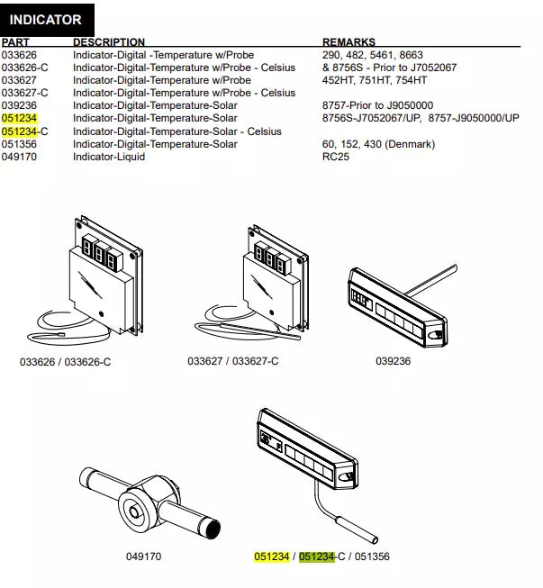 INDICATOR-DIGITAL TEMP-SOLAR is used for the following models: 8756S-J7052067/UP, 8757-J9050000/UP.