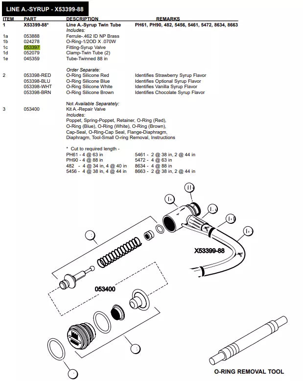 FITTING-SYRUP VALVE is used to form Line A.-Syrup Twin Tube of following models: PH61, PH90, 482, 5456, 5461, 5472, 8634, 8663.