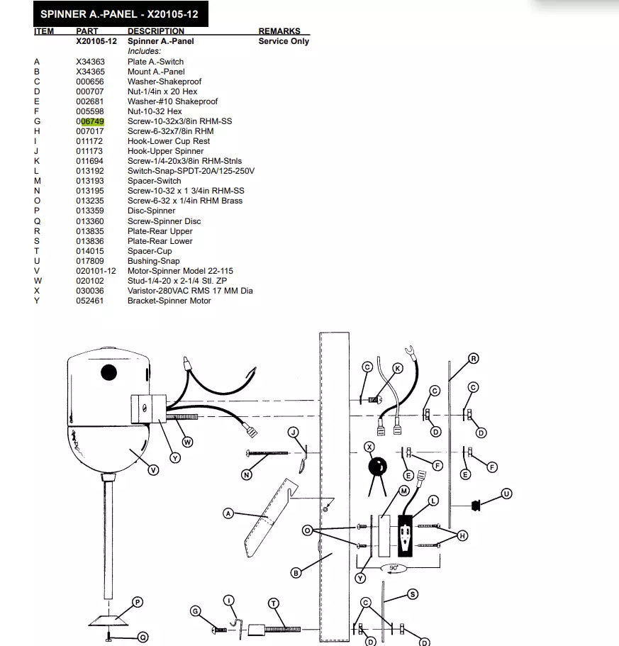 SCREW-10-32X3/8in RHM-SS #06749 must be inserted inside Hook-Lower Cuprest, to dial Spinner A.-Panel w/Filter of the following models: 300 Series, 400 Series, 632, 700 Series, 5454.