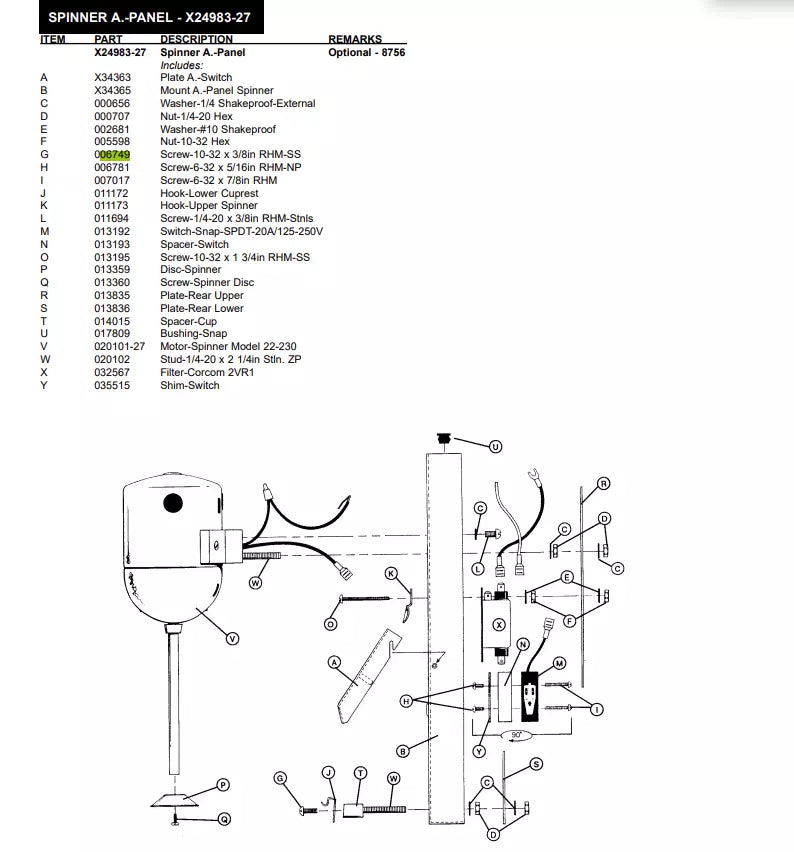 SCREW-10-32X3/8in RHM-SS #06749 must be inserted inside Hook-Lower Cuprest, to dial Spinner A.-Panel w/Filter of the following models: 300 Series, 400 Series, 632, 700 Series, 5454.