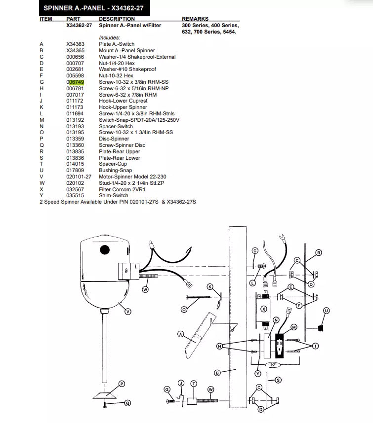 SCREW-10-32X3/8in RHM-SS #06749 must be inserted inside Hook-Lower Cuprest, to dial Spinner A.-Panel w/Filter of the following models: 300 Series, 400 Series, 632, 700 Series, 5454.