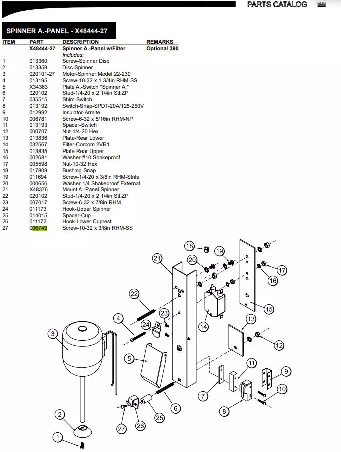 SCREW-10-32X3/8in RHM-SS #06749 must be inserted inside Hook-Lower Cuprest, to dial Spinner A.-Panel w/Filter of the following models: 300 Series, 400 Series, 632, 700 Series, 5454.