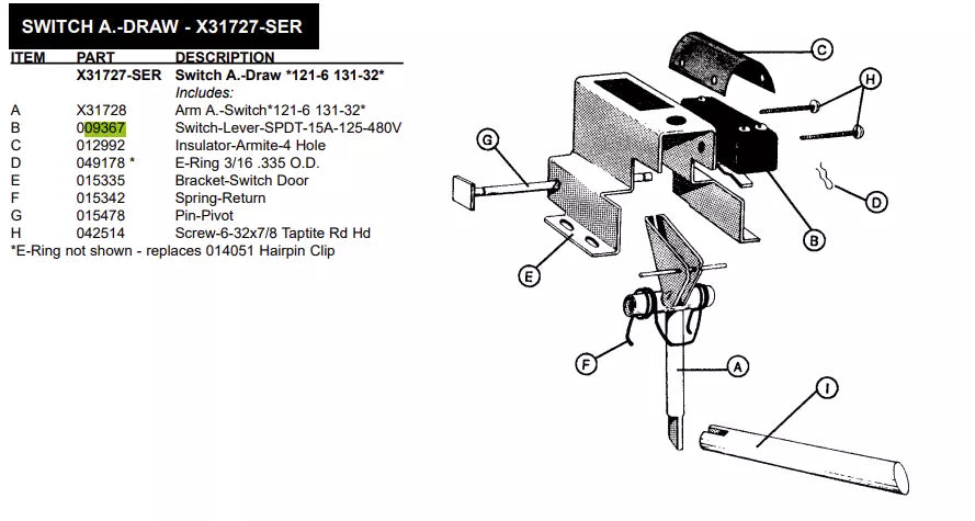 Switch-Lever-SPDT-15A-125-480V must be inserted in the Bracket-Switch Door, it is compatible with the following models: Switch A.-Draw *121-6 131-32*, Switch A.-Draw *452- 453*, Switch A.-Draw *8781*, witch A.-Draw *445, Switch A.-Draw *Gen Usage*, Spinner A.-Door-Door Mount, Switch A.-Draw*060*, Switch A .-Draw *771*L & R*, witch A.-Draw *632.