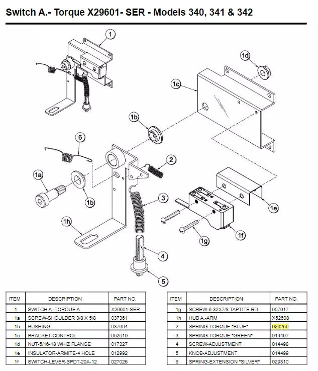 SPRING-TORQ.165LB/INCH *BLUE* is used to form Switch A.- Torque for the following models: 340, 341, 342.