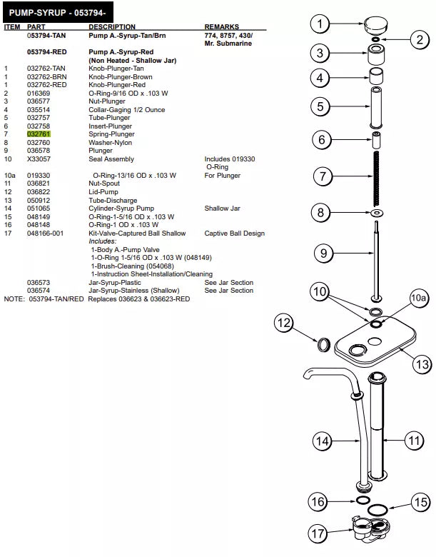 SPRING PLUNGER SYRUP PUMP is used to form the PUMP-SYRUP of the following models: 774, 8757, 430/Mr. Submarine, 8662, 8663, 8664, 8781, 8756S 8663/France w/Red Knob, PH85, PH90, 8634, 8657, 8784.