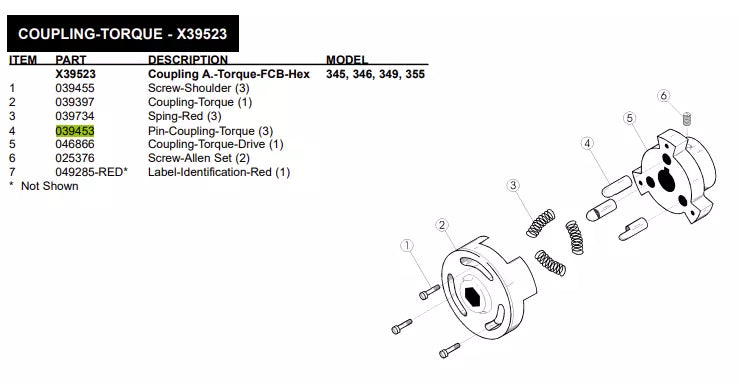 PIN-COUPLING-TORQUE is used to form COUPLING-TORQUE for the following models: 345, 346, 349, 355, 482, 5456, 5461, 8663, 490, 390, Non Pressurized 345, 346, 349, 355, PH61, PH90 , 5472, 8634 (UPDATE 132).