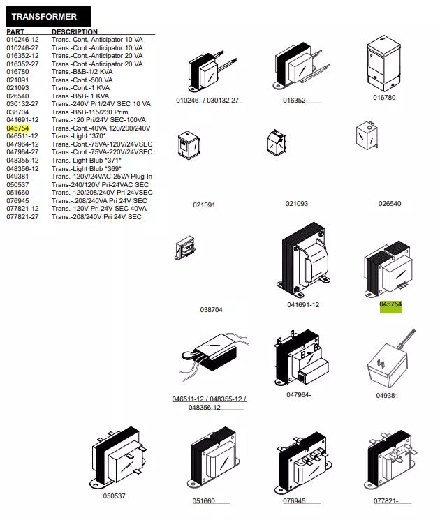 TRANS.-CONT.-40VA   IN=120/200/240V   OUT=16VAC.