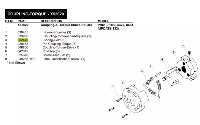 SPRING-3/8ODX3/16IDX1L-GOLD is used to form COUPLING-TORQUE for the following models: PH61, PH90, 5472, 8634 (UPDATE 132).