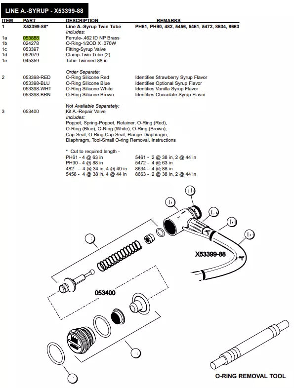 FERRULE-.462 ID NP BRASS is used to form LINE A.-SYRUP for the following models: PH61, PH90, 482, 5456, 5461, 5472, 8634, 8663.