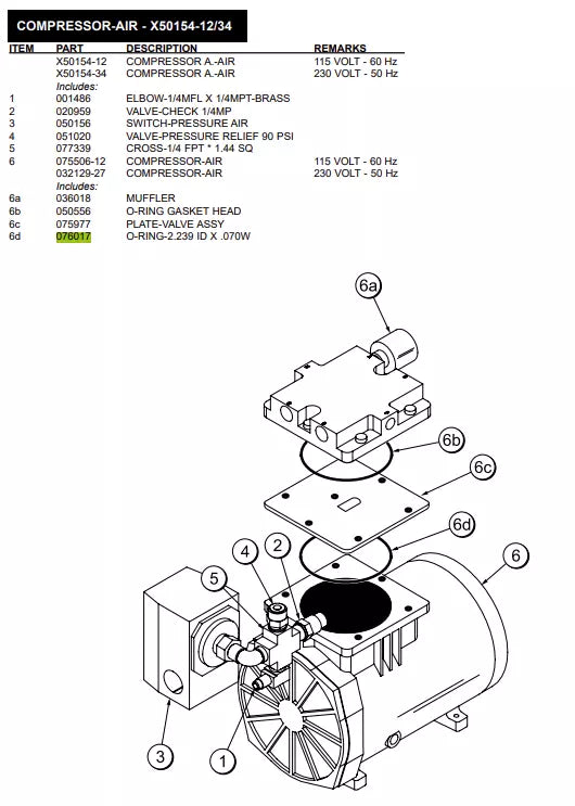 O-RING 2.239 ID X .070W is used to form COMPRESSOR-AIR 115 VOLT - 60 Hz / COMPRESSOR-AIR 230 VOLT - 50 Hz.