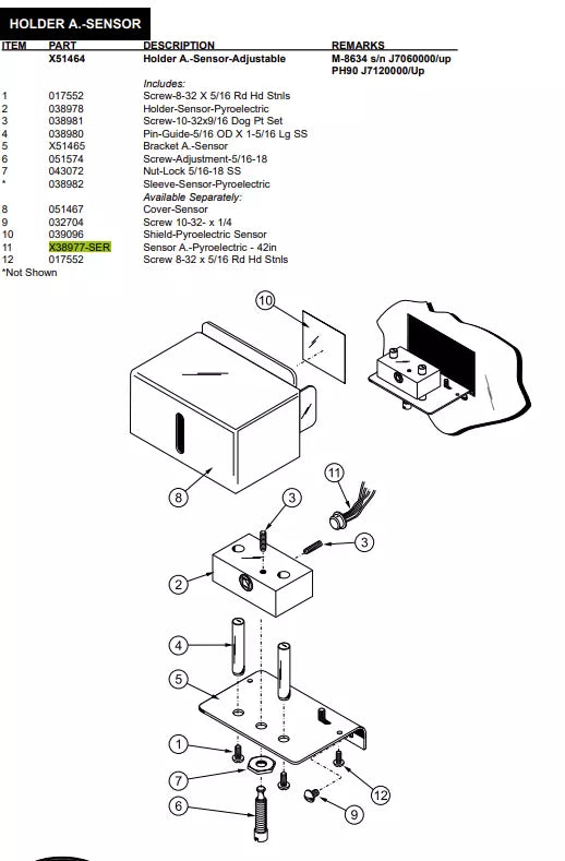 SENSOR PYROELEC 42 is used to form HOLDER A.-SENSOR for the following models: M-8634 s/n J7060000/up, PH90 J7120000/Up,PH61, 482, 5456, 5472, 8663, (8634 Prior to J7060000). It is also used to form the SENSOR A.-PYROELECTRIC-4 PIN of the models: PH90, 5456, 5461, 8634.