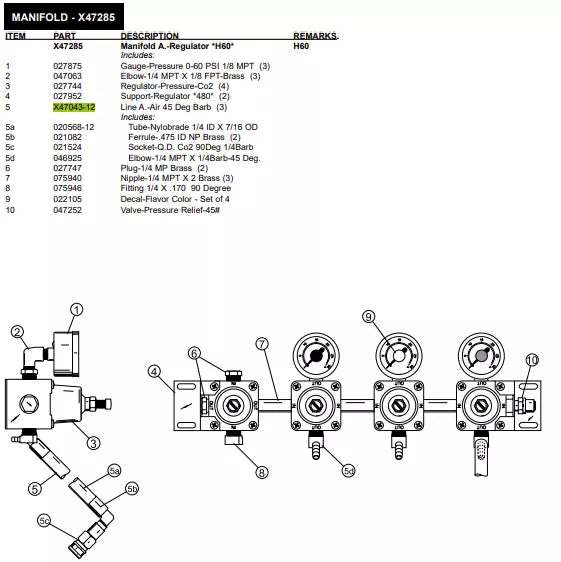 LINE A.-AIR 45DEG BARB is used to form MANIFOLD for following machine models: 60, H60, PH61, PH90, 5472, 8634.