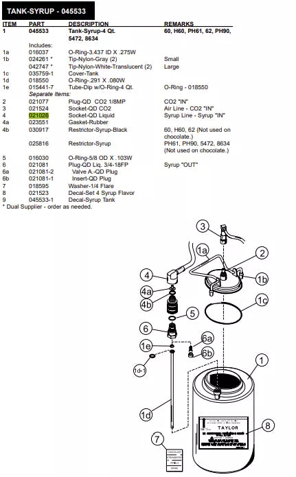 SOCKET-Q.D. LIQ-90DEG-1/4BARB is used to form TANK-SYRUP of the following models: 60, H60, PH61, 62, PH90, 441-Jack/Box, 62/Rally's, 480, 481, 5454, 5456, 8657,8662, 8663, 8664. It is also used to form LINE A.-SYRUP for model pots including 60, H60, 62, 452, 453, 480 Prior to S/N H0083033.