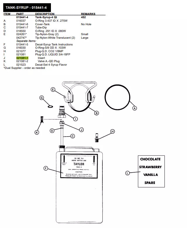 INSERT is used to form TANK-SYRUP for the following models: 452, 482, 441-Jack/Box, 62/Rally's, 480, 481, 5454, 5456, 8657,8662, 8663, 8664, 60, H60, PH61, 62, PH90.