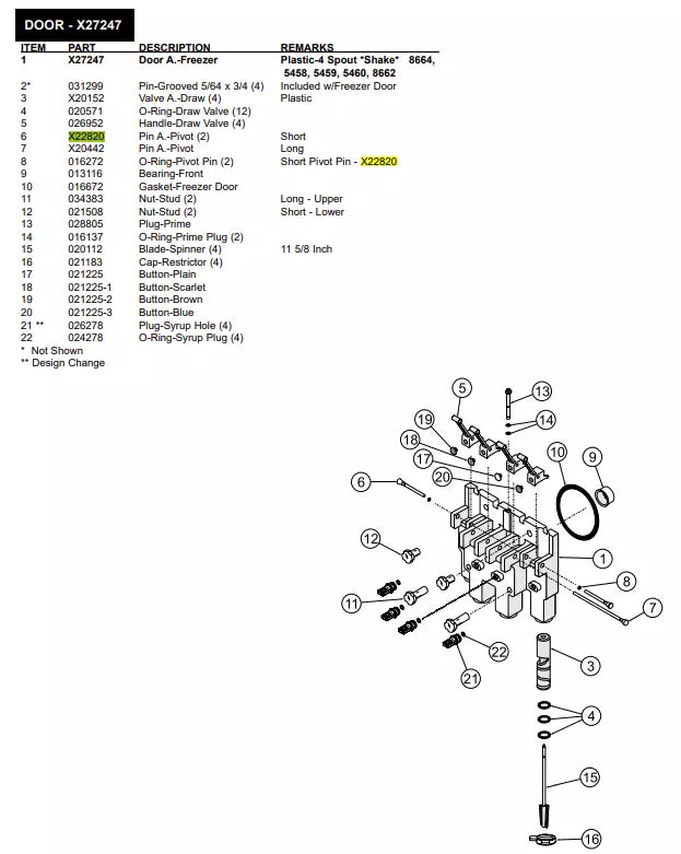 PIN A.-PIVOT is used to form Door A.-Freezer of the following models: Plastic-4 Spout *Shake* 8664, 5458, 5459, 5460, 8662, Door A.-Freezer (Short Baffle) Plastic-Single Spout *Soft Serve* Non Heat Treat 311,320, 321, 325, Door A.-Freezer (Long Baffle) Plastic-Single Spout *Soft Serve * Non Heat Treat 8662, 8663, 8664, 8781