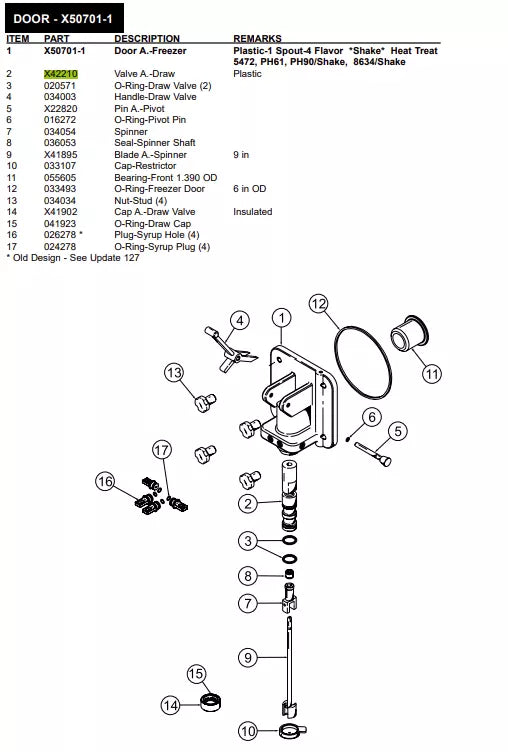 Valve A.-Draw must be inserted inside Door A.-Freezer and is used for the following machine models: Plastic-1 Spout-4 Flavor *Shake* Heat Treat 5472, PH61, PH90/Shake, 8634/Shake, Door A.-1spt HT TTS, DOOR A.-SHAKE-4 FLV PLASTIC -1 SPOUT.