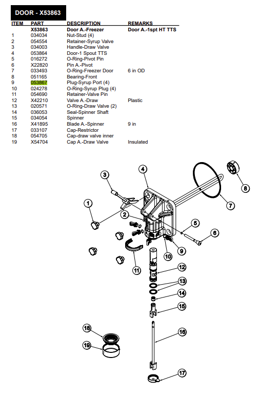 PLUG-SYRUP PORT TTS Seals the syrup ports in the freezer door during the heating cycle. It is used in the following machine models: C602&C606.