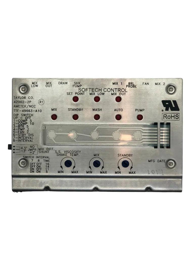 Interpret a mode of operation/monitor mix level and temperature/monitor product viscosity or product temperature and send a command to the power board through a ribbon cable enabling the proper relays on the power board to be open or closed.