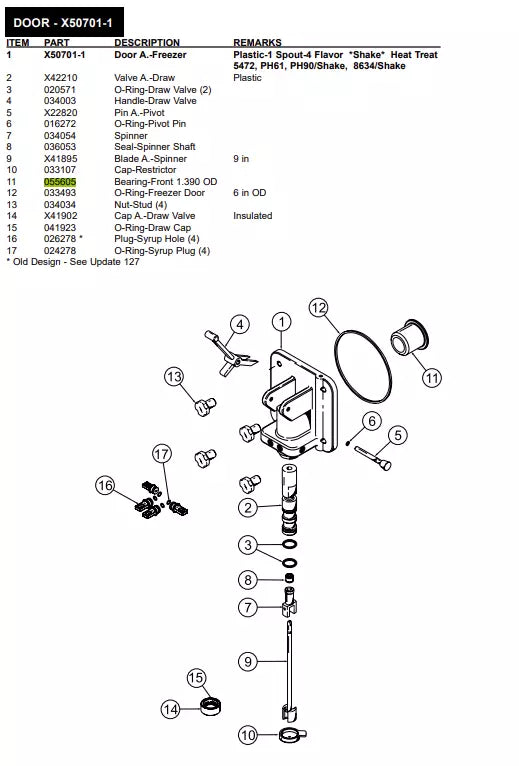 BEARING-DOOR-FRONT 1.390 OD is used to form Door A.-Freezer for the following models: Plastic-1 Spout-4 Flavor *Shake* Heat Treat 5472, PH61, PH90/Shake, 8634/Shake, DOOR A.-SHAKE-4 FLV PLASTIC -1 SPOUT.