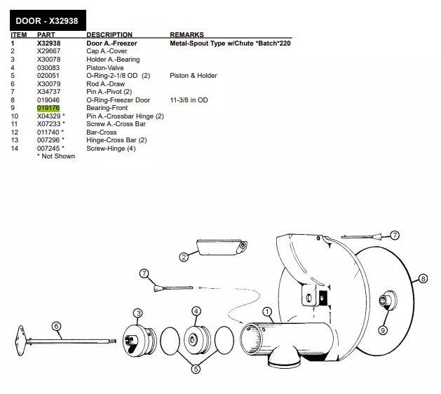 BEARING FRONT is used for Door A.-Freezer of the following models: Metal-Spout Type w/Chute *Batch*220, Metal-Knife Type *Batch* Old Style 220.